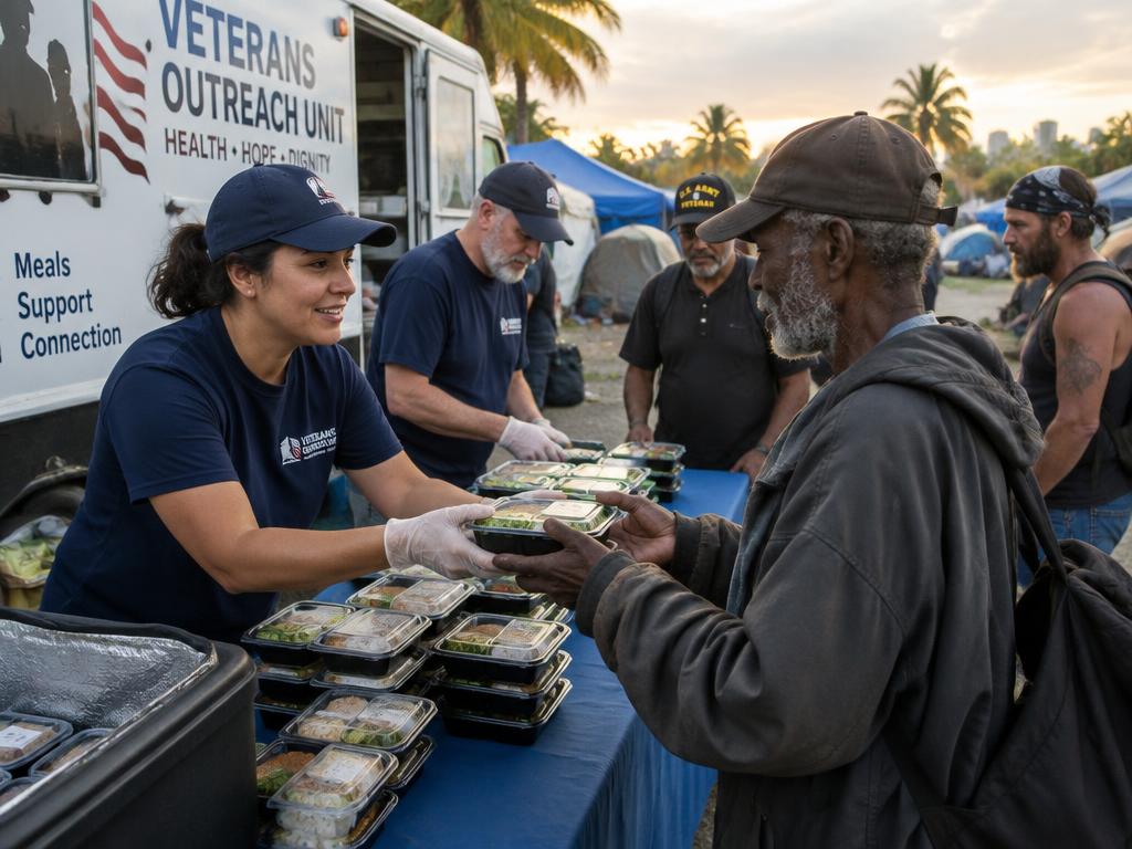 Outreach volunteers distributing packaged healthy meals to veterans at an encampment